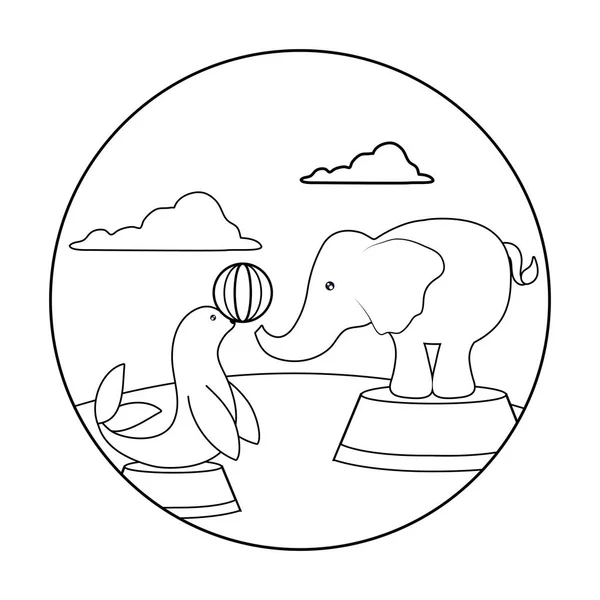 Siegel mit Zirkuselefant mit Ball im Rahmen kreisrund — Stockvektor