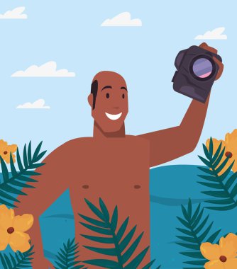 kamera tropik yaprakları ile turist adam yaz çiçekleri