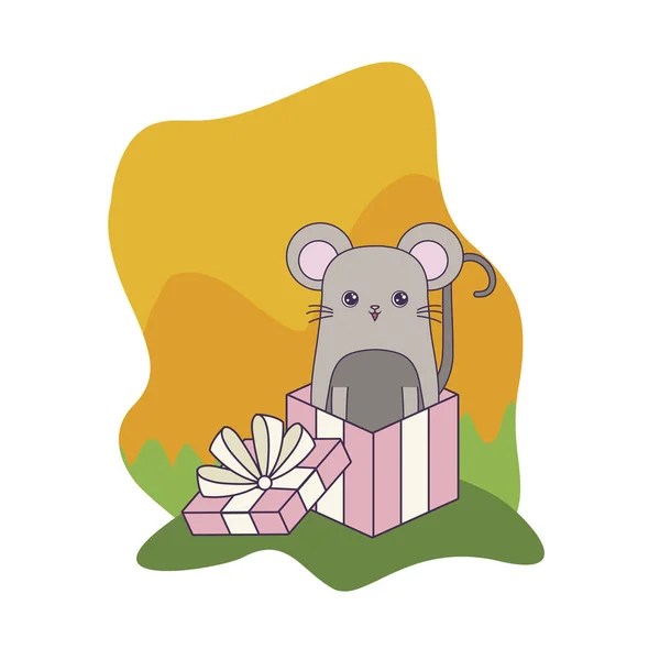 Drăguț animal mouse-ul în cutie cadou — Vector de stoc