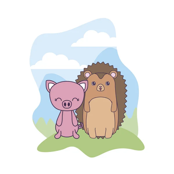 Drăguț porc cu animale de porc în peisaj — Vector de stoc