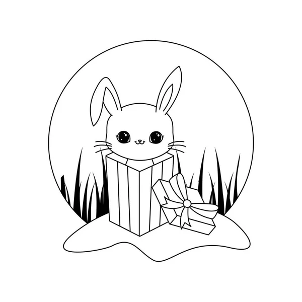 Animal de coelho bonito na caixa de presente na paisagem — Vetor de Stock