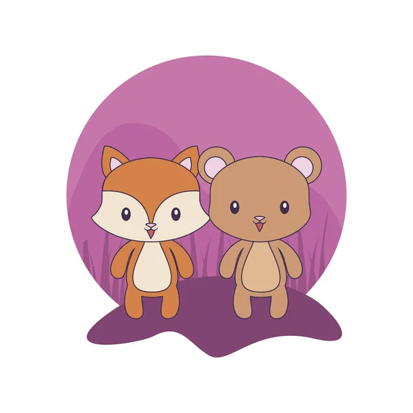 Lindo oso con animales de zorro icono aislado — Vector de stock