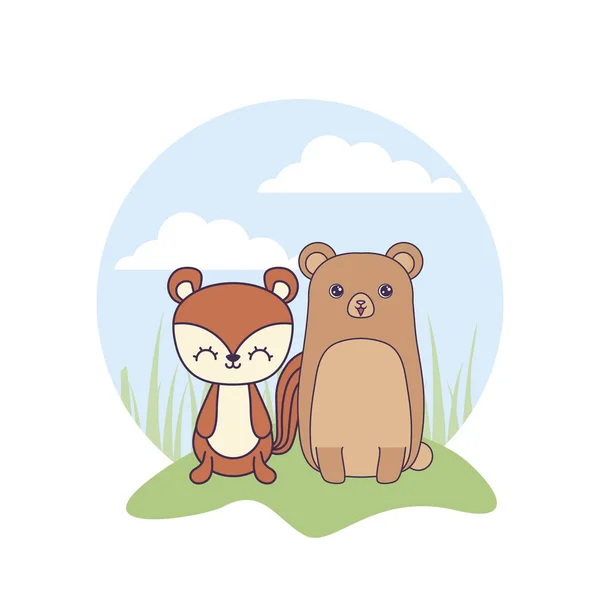 Veveriță drăguță cu animale de urs în peisaj — Vector de stoc