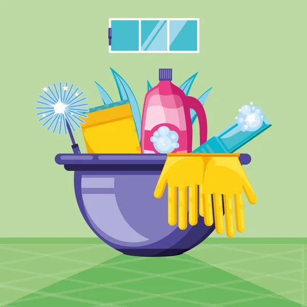 Housekeeping tools with with bucket and icons — Stock Vector