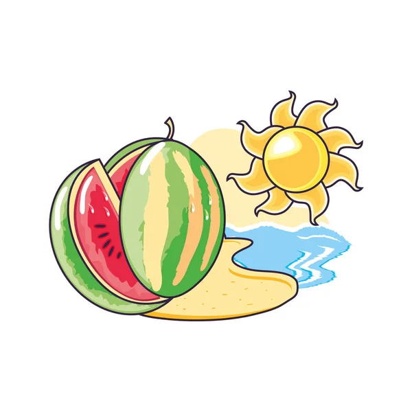 Gesunde Wassermelonenfrüchte am Strand mit Sonne — Stockvektor