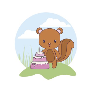 manzara doğum günü pastası ile sevimli sincap hayvan