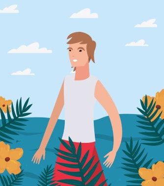 mayo tropik turist adam yaz çiçekleri yaprakları