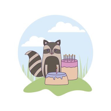 manzara doğum günü kek ile sevimli rakun