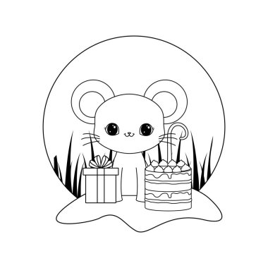manzara doğum günü ve hediye kutusu pasta ile sevimli fare