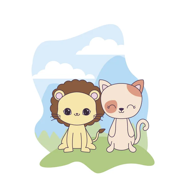 Leu drăguț cu animale de pisică în peisaj — Vector de stoc