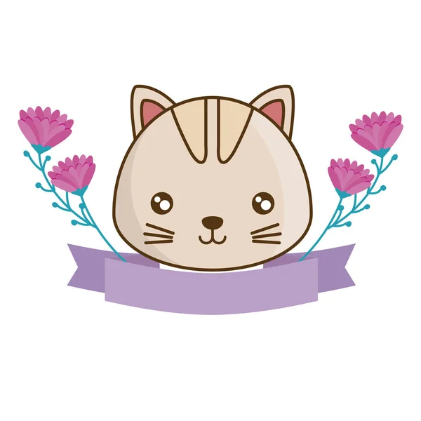 Cabeza de gato lindo con cinta y flores — Vector de stock