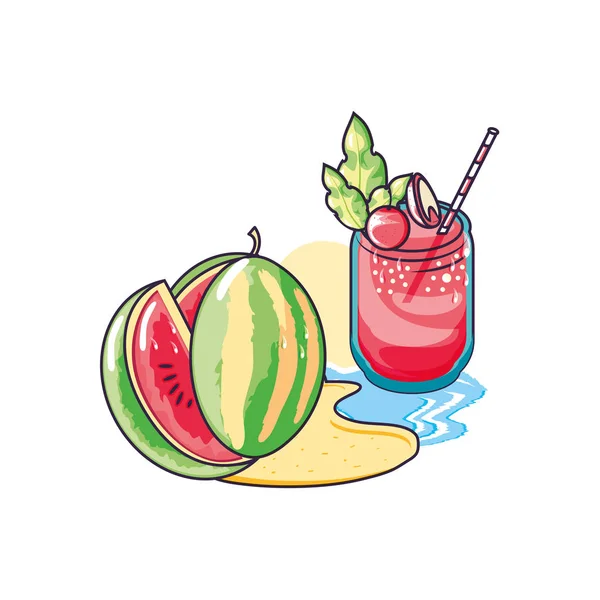 Saft am Strand mit Scheiben Wassermelone erfrischen — Stockvektor