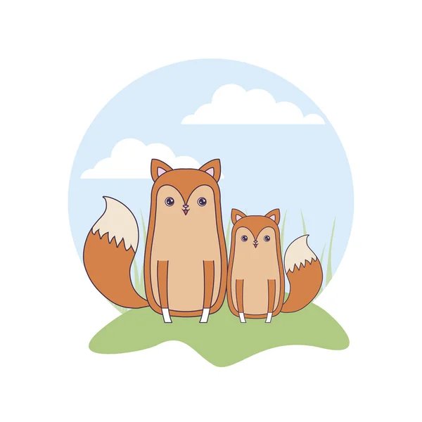 Cute foxes animals in landscape — Stock Vector