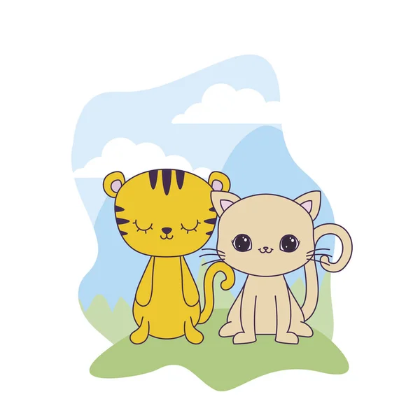 Pisică drăguță și animale tigru în peisaj — Vector de stoc