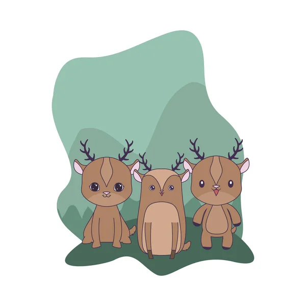 Cute group of reindeer animals isolated icon — Stock Vector