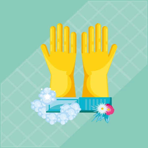 Herramientas de limpieza con guantes plásticos — Vector de stock