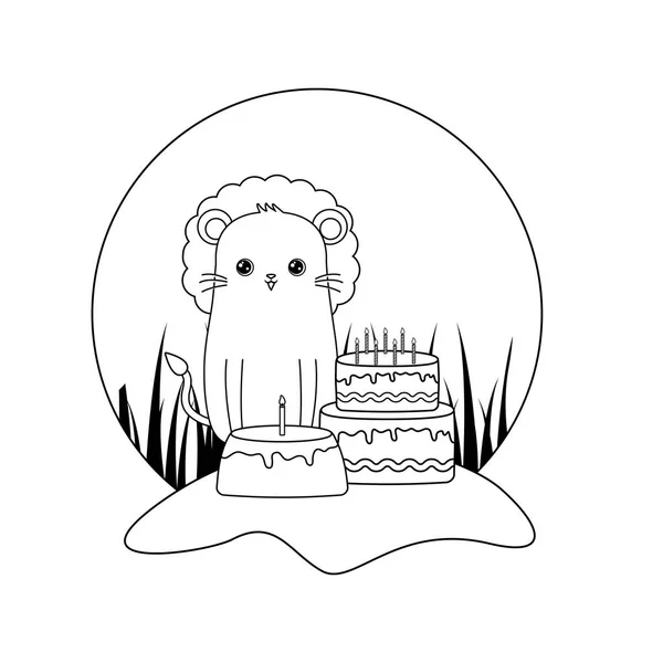 Lindo león con pastel de cumpleaños y caja de regalo — Vector de stock