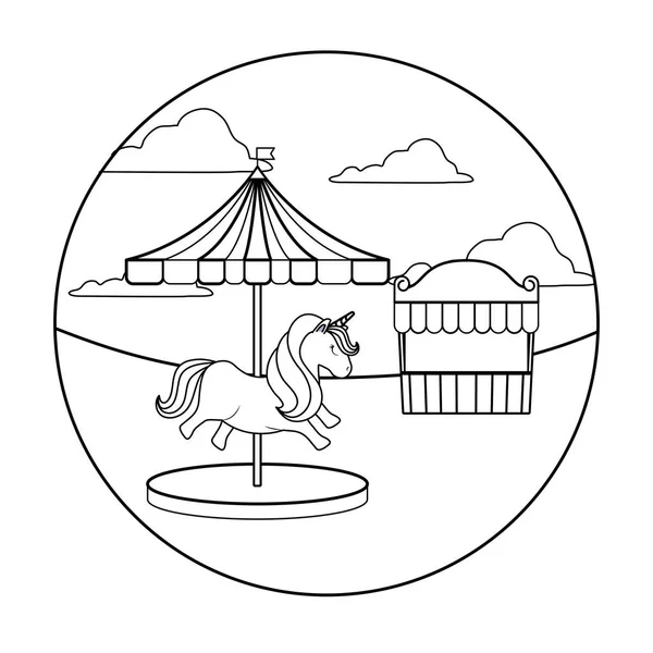 Korsel dengan unicorn dan tenda sirkus dalam bingkai melingkar - Stok Vektor