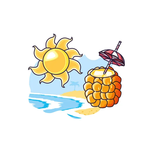 Cocktail van ananas in het strand met paraplu — Stockvector