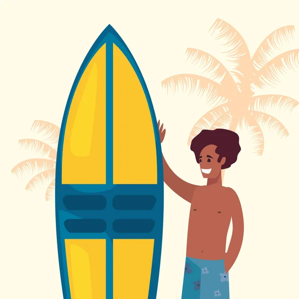 Hombre con tabla de surf palmera fondo hora de verano — Archivo Imágenes Vectoriales