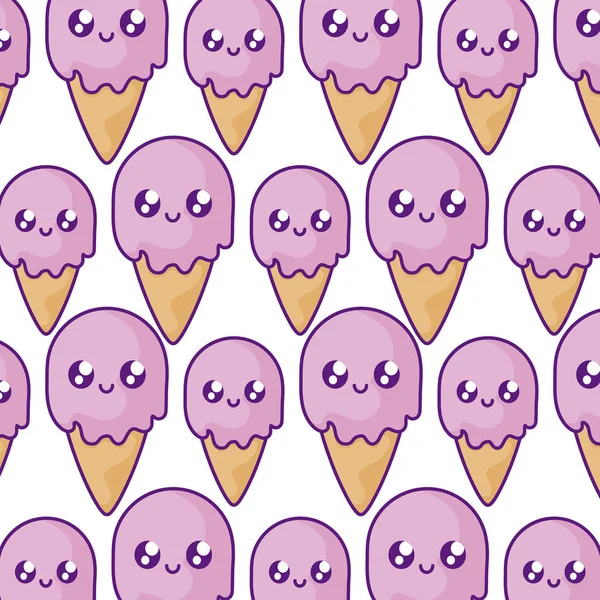 Patrón de deliciosos helados en kawaii cono — Vector de stock