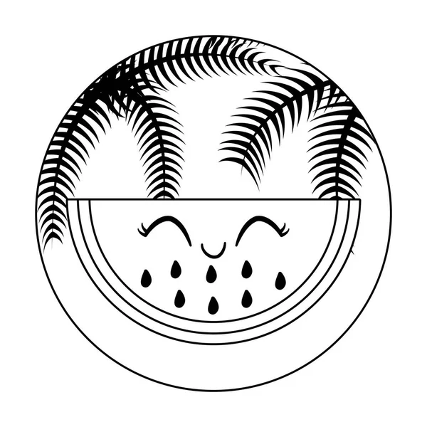 Meloun kawaii s tropickou palmou do rámu — Stockový vektor