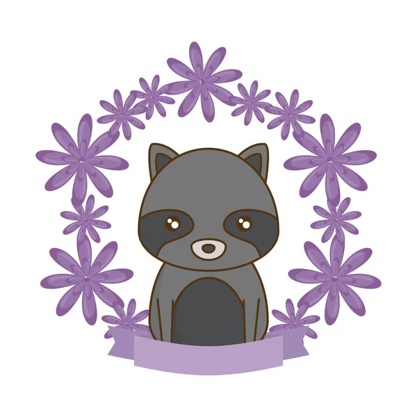 Lindo mapache con cinta y flores — Vector de stock