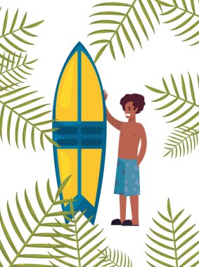 sörf tahtası tropik yaprakları ile mayo turist adam yaz bırakır