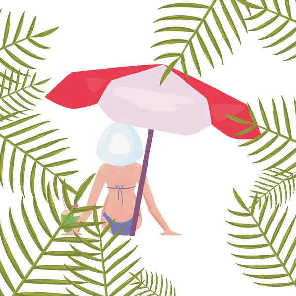Mulher e guarda-chuva exótico ramo verão — Vetor de Stock