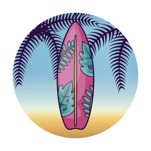 Planche de surf avec palmier tropical dans le cadre — Image vectorielle