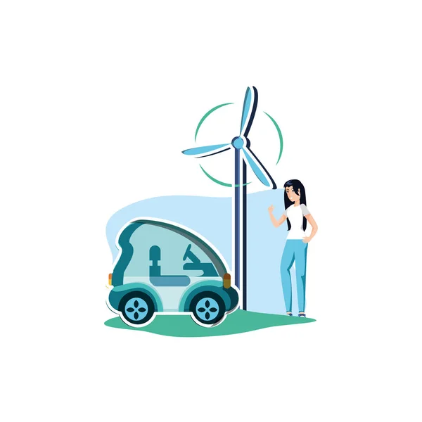 Avatar femme et design de voiture écologique — Image vectorielle