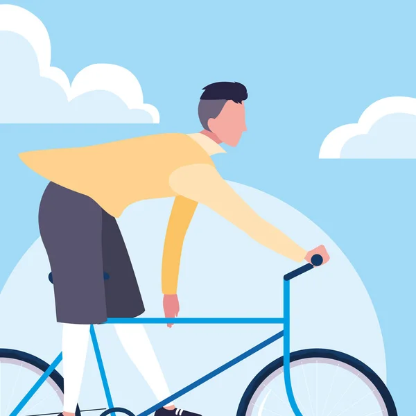 Joven montar en bicicleta con el cielo y las nubes — Vector de stock