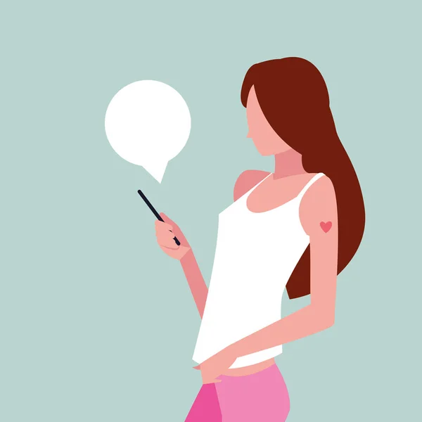 Jeune femme utilisant un smartphone avec bulle vocale — Image vectorielle