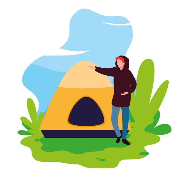 Jeune homme avec tente camper — Image vectorielle