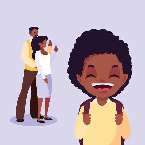 Χαριτωμένο μικρό μαθητή παιδί άφρο με τους γονείς — Διανυσματικό Αρχείο