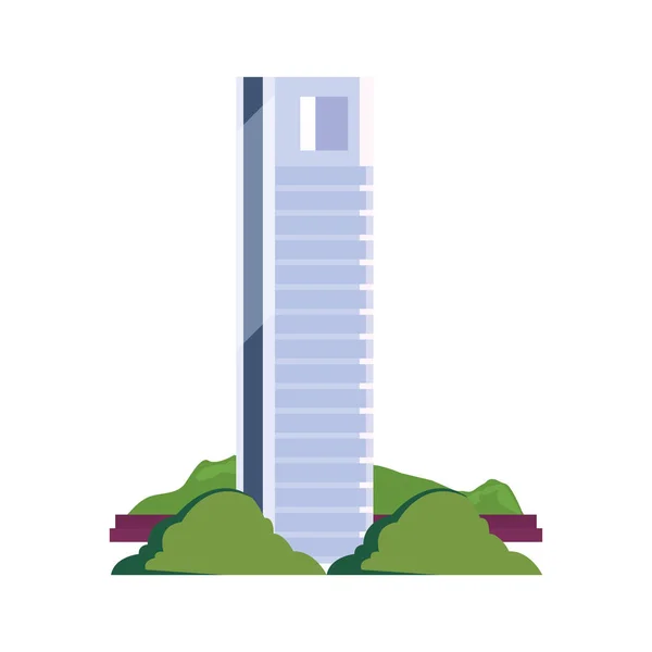 Edificio futurista torre urbana arbustos naturaleza — Vector de stock