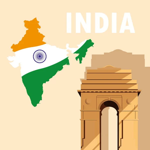 Cartel del día de la independencia india con la bandera del mapa y la puerta — Vector de stock