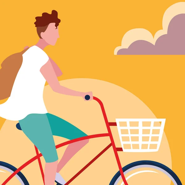 年轻人骑自行车与天橙色 — 图库矢量图片