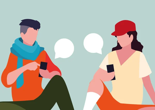 Junge Männer sitzen mit Smartphones und Sprechblasen — Stockvektor