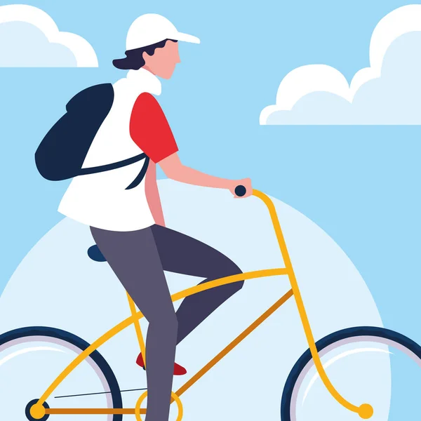 Молодий чоловік їде на велосипеді з небом і хмарами — стоковий вектор
