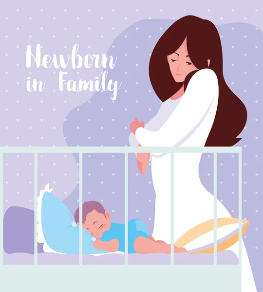 Recém-nascido em cartão de família com mãe e bebê dormindo no berço —  Vetores de Stock