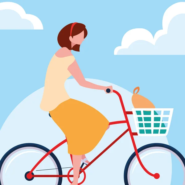 空と雲の自転車に乗る若い女性 — ストックベクタ