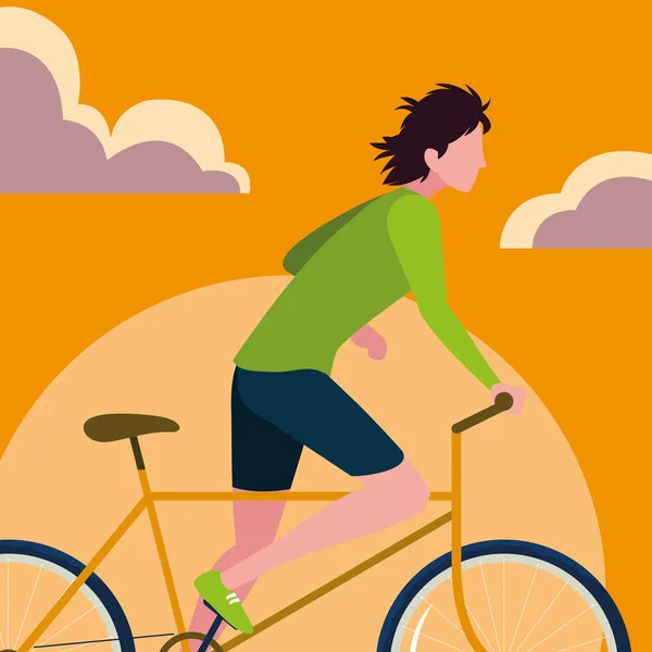 Młody człowiek jeździ rowerem z nieba pomarańczowy — Wektor stockowy