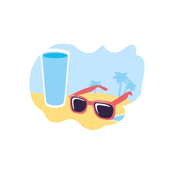 Lunettes de soleil d'été avec jus à la plage — Image vectorielle