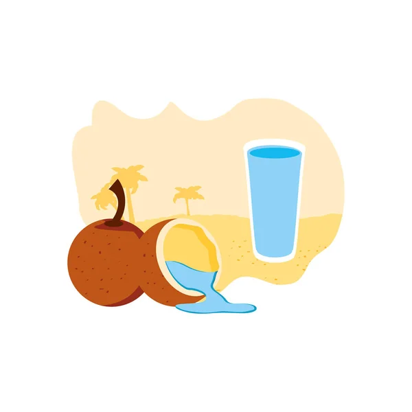 Noix de coco fraîche avec demi-fruit avec jus à la plage — Image vectorielle