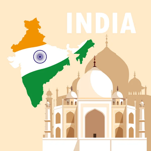 Плакат Дня независимости Индии с флагом карты и Тадж-махал — стоковый вектор