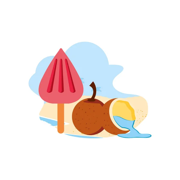 Ice cream with stick in the beach and coconut — Stock Vector