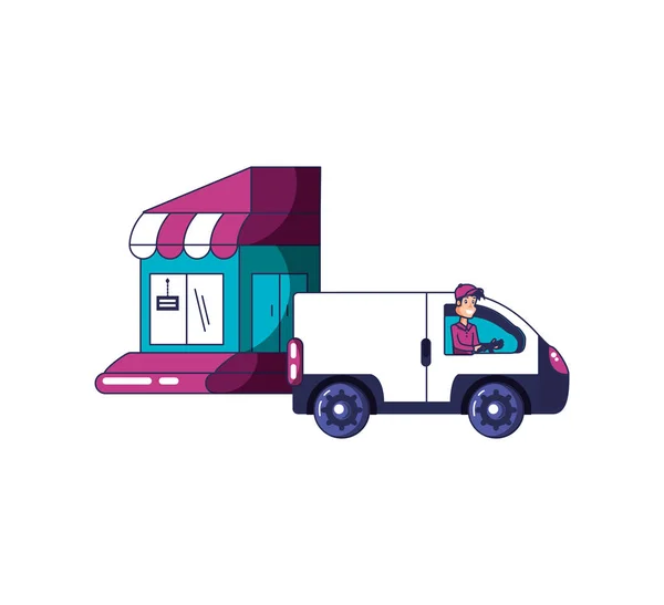 Serviço de entrega de trabalhadores com van veículo e loja fachada — Vetor de Stock