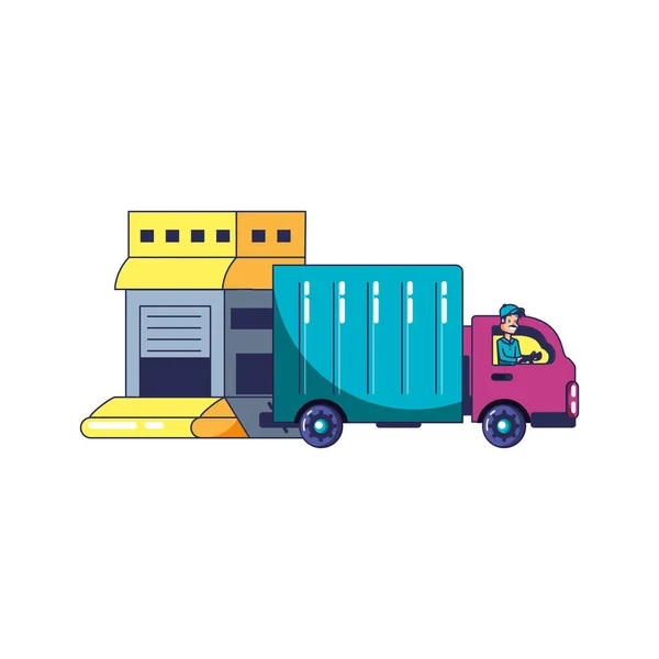 Worker delivery with vehicle truck and warehouse building — Stock Vector