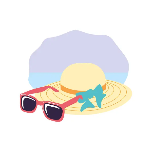 Chapéu vime feminino na praia com óculos de sol — Vetor de Stock